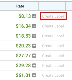 Close-up of Rate Calculator popup. Red box highlights Create Label for first, lowest rate: $8.13
