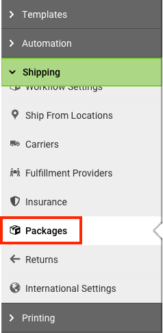 Settings sidebar Shipping section with Packages option highlighted