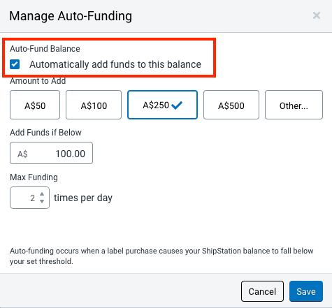 Manage Auto-funding popup with Automatically add funds enabled