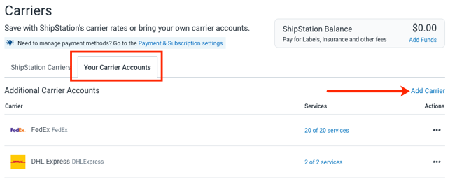 Carriers Settings, Your Carrier Accounts tab. Arrow points to Add Carrier link.