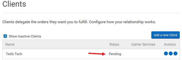 New client shows status of Pending on Clients settings page.