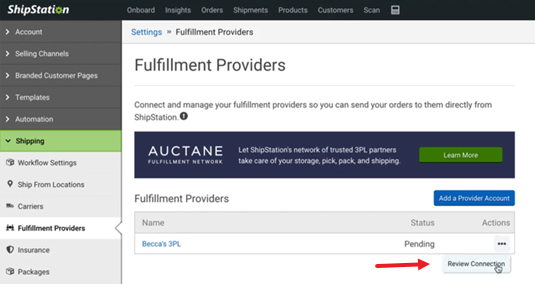 Actions menu open for Fulfillment Provider with Review Connection option selected.