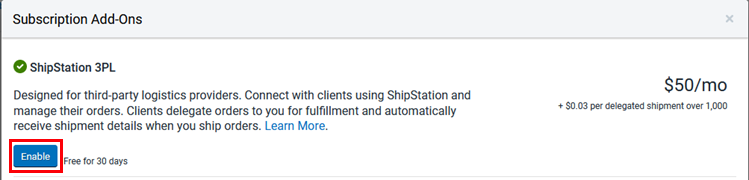 The enable button is highlighted for the ShipStation 3PL add-on.
