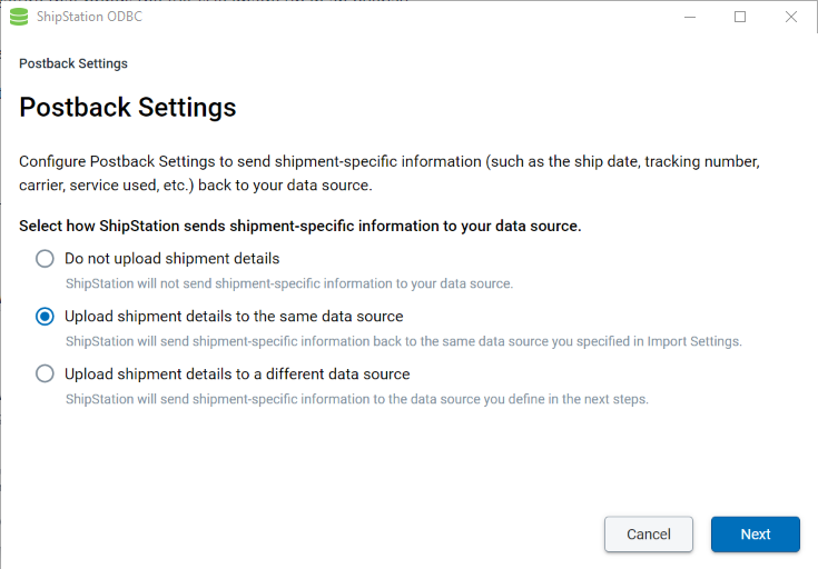 Postback Settings screen is displayed with the option to post back to the same data source selected.