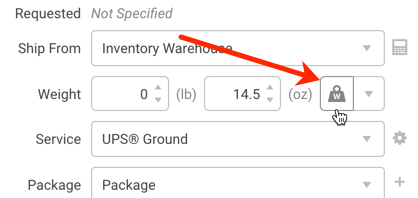 Arrow points to the scale button in the configure shipment widget.