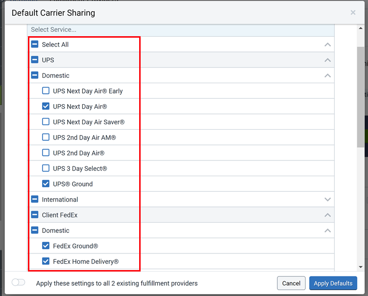 Select the carriers and services for the default carrier sharing settings.