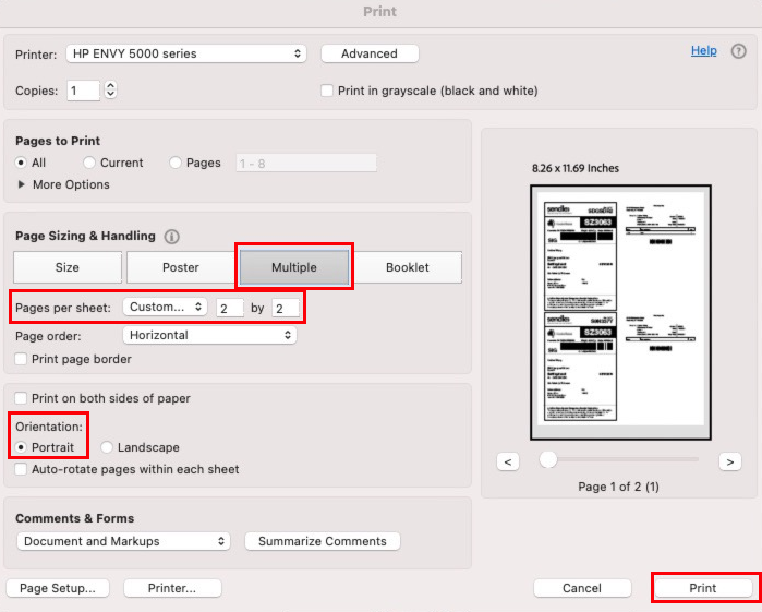 Print Setup screen with highlights around the Multiple button, 2 by 2 Pages Per Sheet, Portrait Orientation and the Print button.