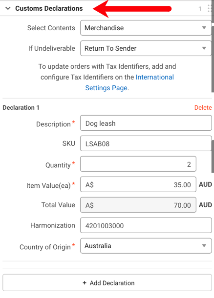 Configure Shipment Widget (CSW). Australia-specific image. Arrow points to Customs Declaration dropdown menu.