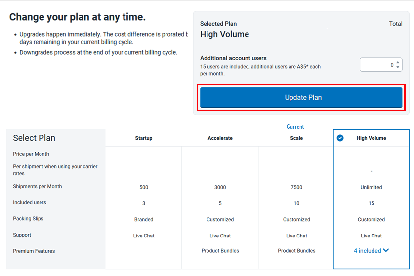 Shows "ShipStation Subscription Plan" modal where users can select their plan.