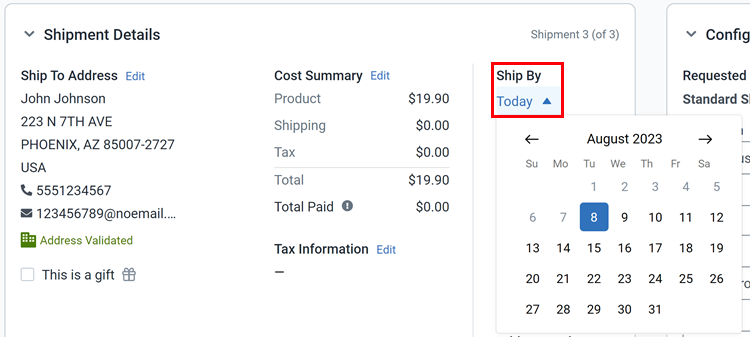 Order Summary in Order Details with Calendar icon for Ship By date and date picker highlighted.