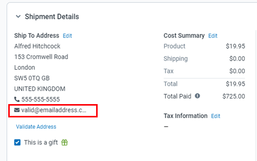 The email address is highlighted in the shipment details panel of order details.