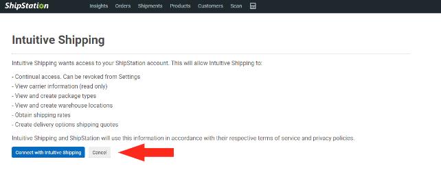 Intuitive Shipping's Consent Page popup in ShipStation