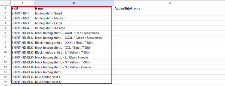 A sample product CSV file is shown with the SKU and Name columns highlighted.