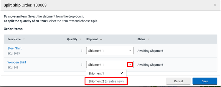 The shipment drop-down box shows the subsequent order in the combined order.