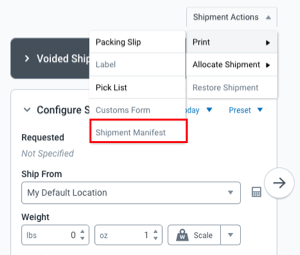 Order Details screen is open. The shipment actions button is clicked and print > shipment manifest is selected.