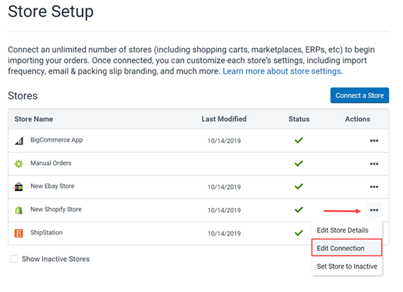 Store Setup page with arrow pointing to ellipsis icon and dropdown menu showing Modify Store Connection option highlighted