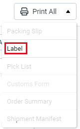 The print all button is expanded and the print > label option is highlighted.