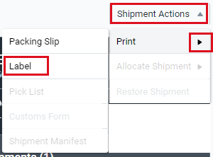 The shipment actions button is expanded and print > label is selected.
