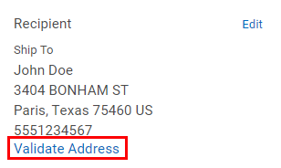 Validate Address link highlighted beneath Recipient Address in Order Details window.