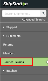 Shipments tab sidebar with Courier Pickups option highlighted