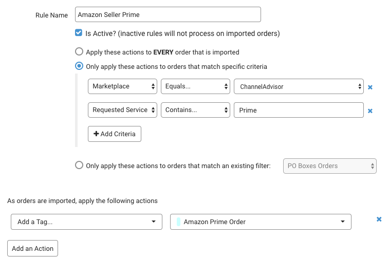ShipStation Automation Rule applies Amazon Prime Order tag to ChannelAdvisor orders with Prime as the requested service