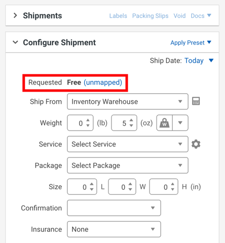 Shipping sidebar with the unmapped requested service outlined in red