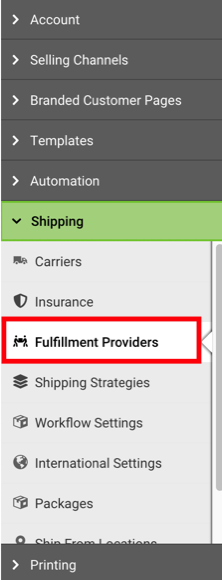 Settings sidebar with Shipping section open and Fulfillment Providers section highlighted.