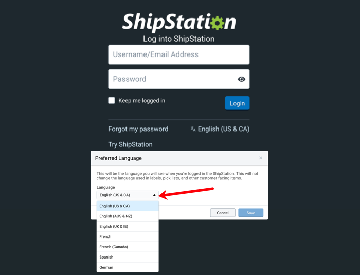 Language drop-down showing the available languages to choose for ShipStation.