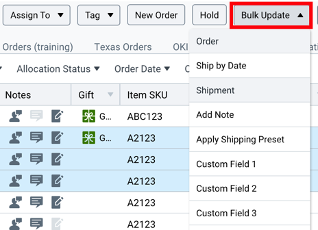 Shows Bulk Update button and menu options in the dropdown