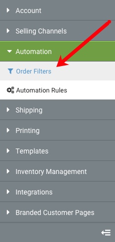 Settings Sidebar: Automation dropdown. Red arrow points to Order Filters option.