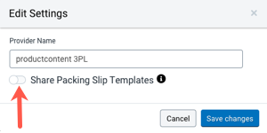 Edit settings modal on Fulfillment providers page with Share Packing Slip Templates marked Off