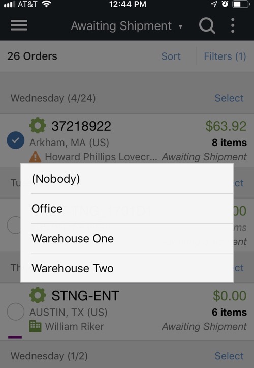 Mobile Order menu displaying Assign Options menu