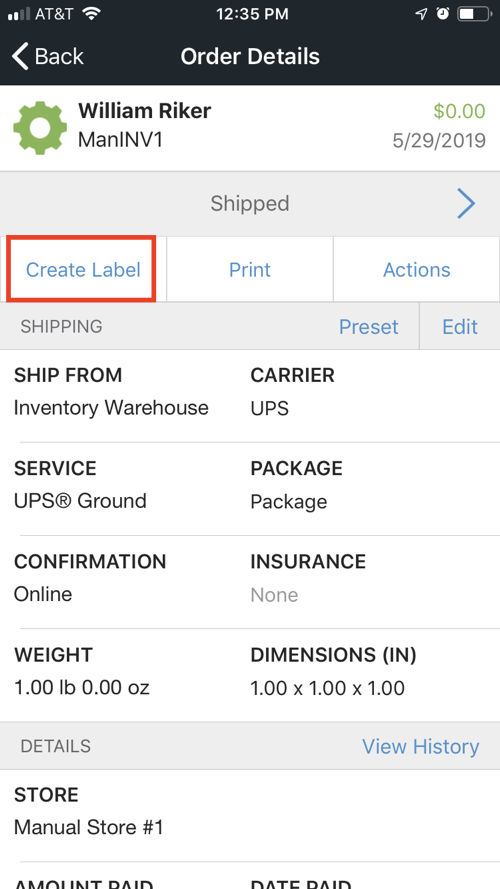 Mobile Order Details screen with Create Label button highlighted