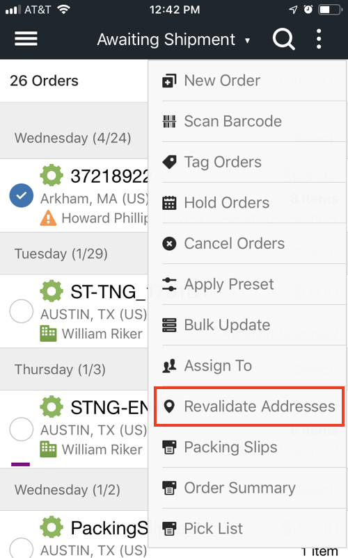Mobile order Actions menu with Revalidate Addresses highlighted.