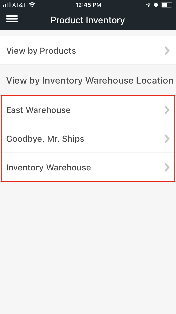 Mobile product inventory menu with Warehouse names highlighted.