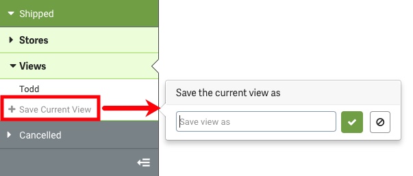 Red box highlights Save Current View in Sidebar. Arrow points to popup with Save View As field