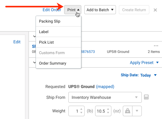 Arrow points at Order Details Print button, drop-down options visible: Packing Slip, Label, Pick List, Customs Forms, Order Summary