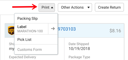 V3 Shipment Details. Red arrow points to Print menu, with drop-down options.