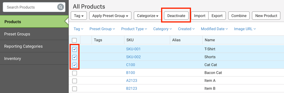 V3 Products selected in the product grid and Deactivate button highlighted.