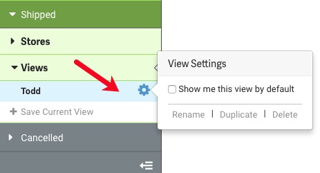 Arrow points to View Settings icon (blue gear) by saved view name. View Settings pop-up lets you set as default, rename, duplicate, or delete View