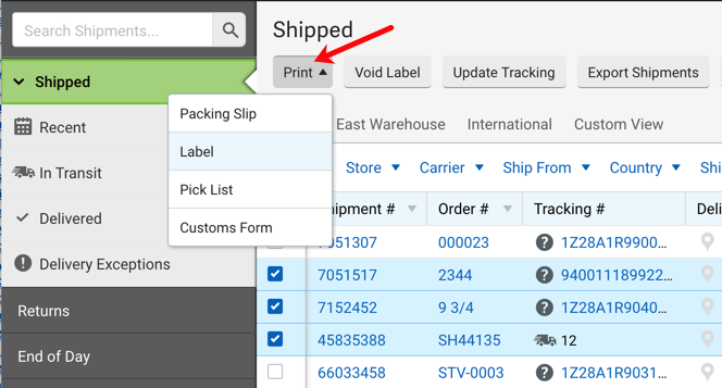 V3 Shipping tab, arrow points to Print menu and menu options shown in drop-down