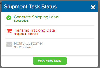 Shipment Status pop-up. Error reads: Transmit Tracking Data, Request is throttled. Red shopping cart icon. Button reads: Retry Failed Steps