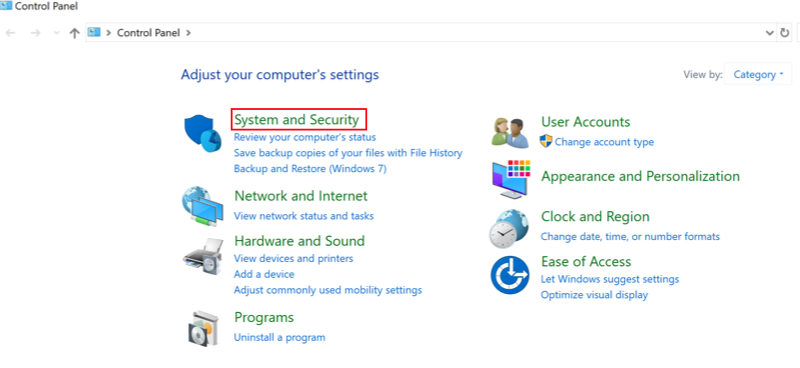 Windows Control Panel with Systems and Security option highlighted.