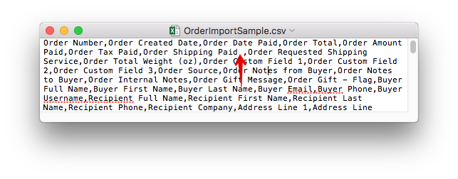 CSV file in a text editor with an arrow pointing to an extra space before a comma.