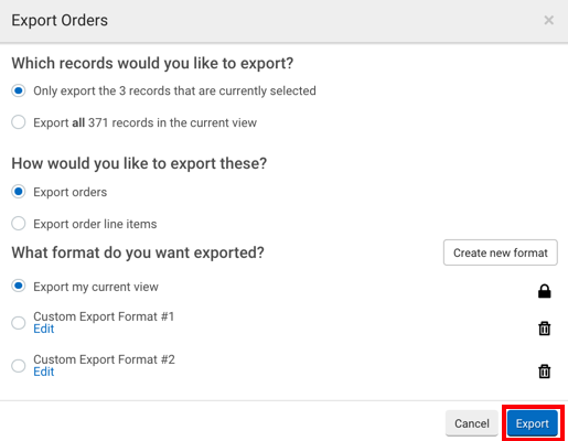 Export Orders pop-up. Red box highlights Export action button.