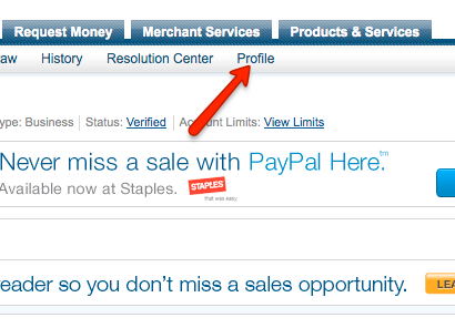 PayPal my account with arrow pointing to Profile link.