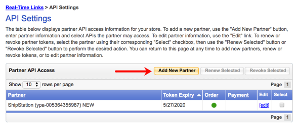 Yahoo Partner API access menu with arrow pointing to Add new partner button.