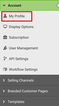 Settings Sidebar: Account dropdown. Red box highlights My Profile option.