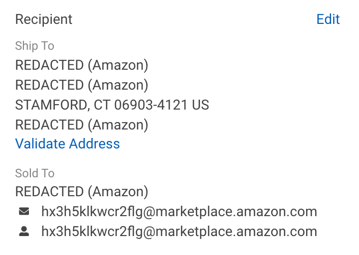Order Details Recipient section with Amazon customer information redacted
