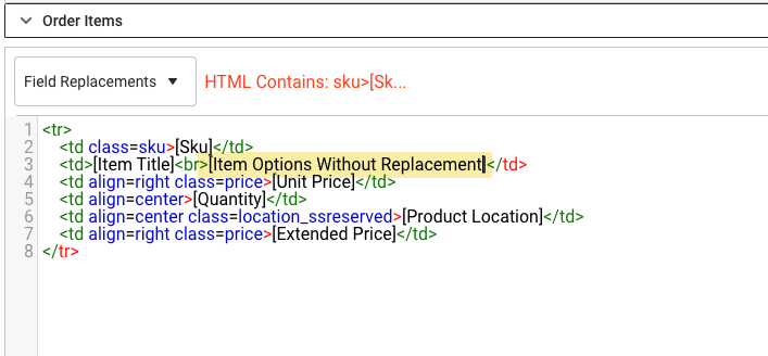 Packing Slip HTML: Item Options Without Replacement highlighted in Order Items section.
